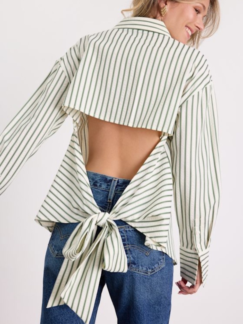Lulus Logan Ivory And Green Striped Cutout Button-up Long Sleeve Top White